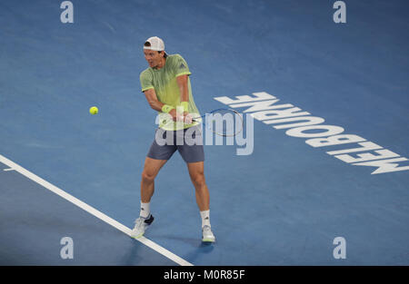 Melbourne, AustraliaCzech tennis player Tomas Berdych is in action during his 1/4 final match at the Australian Open vs Swiss tennis player Roger Federer on Jan 24, 2018 in Melbourne, Australia - ©Yan Lerval/Alamy Live News Stock Photo
