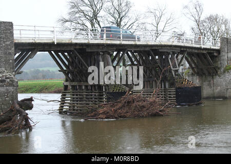 Whitney-on-Wye, Herefordshire, UK - Wednesday 24th January 2018 - Rain falls on the River Wye where river levels are high - large amounts of broken tree debris have already washed down from further upstream in Wales and are now piled up against the pillars of the old Toll Bridge at Whitney-on-Wye -  Photo Steven May / Alamy Live News Stock Photo