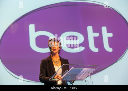 London, UK. 24th January, 2018. Anne Milton, Minister of State at the Department of Education speaks at the technology in Education exhibition, BETT. Stock Photo