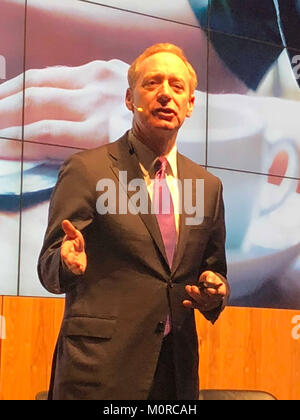 General Counsel of software developer and hardware manufacturer Microsoft, Brad Smith, delivers a statement during a panel discussion in Berln, Germany, 22 January 2018. In the face of rapid developments regarding artificial intelligence Microsoft stimulates a global discussion on the ethic and legal results. Photo: Renate Grimming/dpa Stock Photo