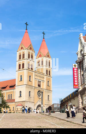 Exterior of St. Michael's Cathedral, Zhejiang Road Catholic Church, in the heart of the old German town, seen from Zhongshan Road, Qingdao, China Stock Photo