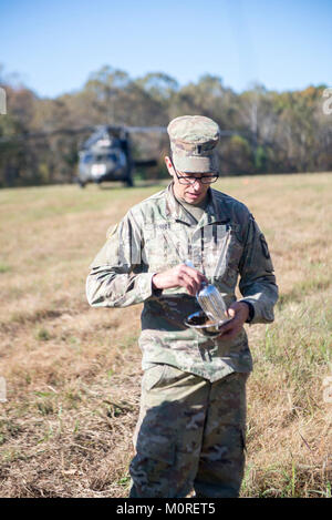 1st Lt. Jacob Pinion, an environmental science officer with 526 Brigade Support Battalion, 2nd Brigade Combat Team, 101st Airborne Division (Air Assault), takes a soil sample during a field exercise October 26, 2017. The field exercise was a culminating event for a preventative medicine health course that focused on expanding the skillset of medics and reviewed topics for brigade preventive medicine teams. Participants were broken down into three teams, with each team working to solve a different scenario involving either air, water or soil. (U.S. Army Stock Photo