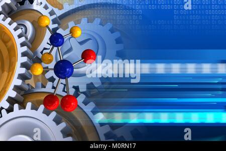 3d illustration of molecule over cyber background with gears system ...