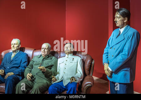 Wax statues of four powers Roosevelt, Churchill, Stalin and Hitler at the Krakow Wax Museum - Cracow, Poland. Stock Photo