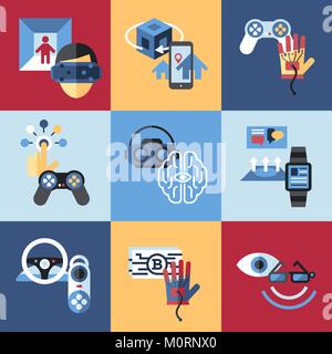 Digital vector virtual augmented reality concept set collection objects color simple flat icon, next generation gaming Stock Vector