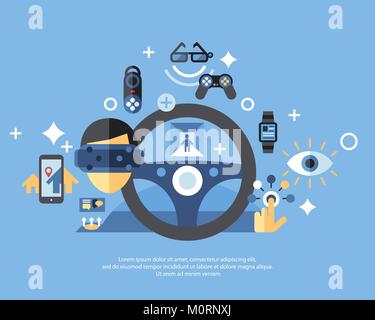 Digital vector virtual augmented reality concept set collection objects color simple flat icon, next generation gaming Stock Vector