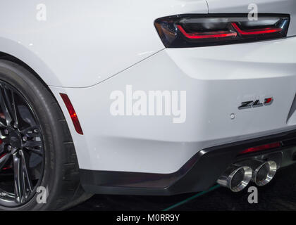 DETROIT, MI/USA - JANUARY 15, 2018: Close up of 2018 Chevrolet Camaro ZL-1 exhaust at the North American International Auto Show (NAIAS). Stock Photo