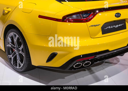 DETROIT, MI/USA - JANUARY 15, 2018: Close up of a Kia Stinger GT exhaust at the North American International Auto Show (NAIAS). Stock Photo