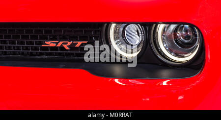 DETROIT, MI/USA - JANUARY 15, 2018: Closeup of Dodge Charger SRT headlights at the North American International Auto Show (NAIAS). Stock Photo