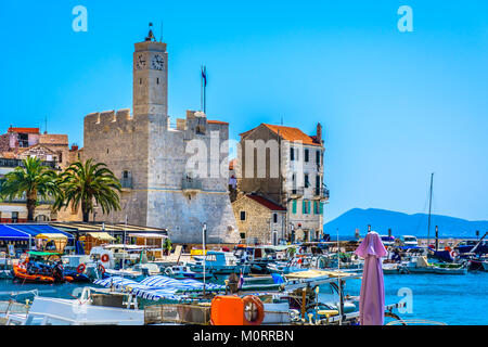 Waterfront view at old Komiza town in summertime, Island Vis Croatia. Stock Photo