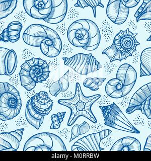 Seamless pattern tile wallpaper of Hand drawn Collection of seashells in line art style on blue background. Ocean seamless vector pattern. Coloring bo Stock Vector