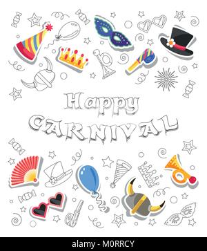 Happy Carnival. Greeting card with Doodles style objects and colorful festive elements separated on white background. Vector illustration. Stock Vector