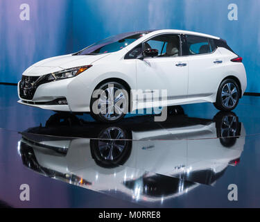 DETROIT, MI/USA - JANUARY 15, 2018: A 2018 Nissan Leaf car at the North American International Auto Show (NAIAS). Stock Photo