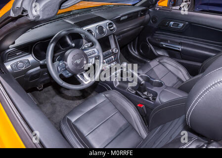 DETROIT, MI/USA - JANUARY 15, 2018: Ford Mustang interior at the North American International Auto Show (NAIAS). Stock Photo