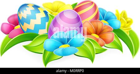 Cartoon Decorated Easter Eggs and Flowers Stock Vector