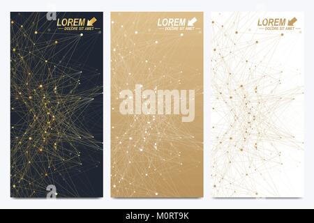Modern golden set of vector flyers. Modern stylish polygonal pattern with connected line and dots. Molecule and communication background for medicine, science, technology, chemistry. Stock Vector