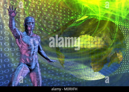 Man with electronic pattern on binary code backgroung and globe. 3D rendering Stock Photo