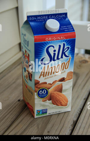 This image shows a carton of Silk Almond Milk, a popular plant-based beverage made from almonds. The product is a widely recognized alternative to dairy milk, often used in vegan and lactose-free diets. Stock Photo