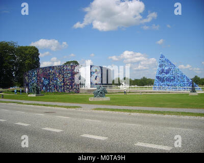 The Carl Henning Pedersen and Else Alfelts Museum showcases the works of two prominent Danish artists, Carl Henning Pedersen and Else Alfelts. Their vibrant, colorful paintings and sculptures are displayed in a museum dedicated to their artistic legacy. Stock Photo