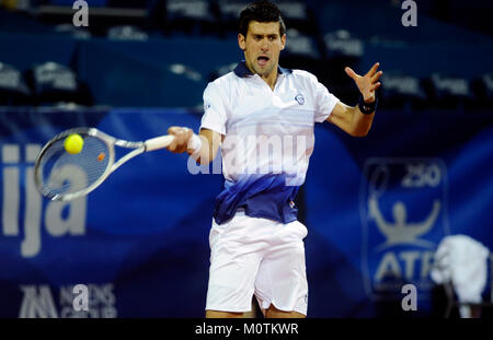 Belgrade, Serbia - May 6, 2010: Novak Djokovic returns the ball during Serbia Open 2010 ATP World Tour match against Fabio Fognini Stock Photo