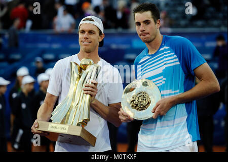 Belgrade, Serbia - May 9, 2010: Sam Querrey and John Isner poses with medals after Querrey's victory in Serbia Open 2010 ATP World Tour final match Stock Photo
