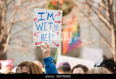 protesters in all forms rally at the Women's March in Dayton, Ohio on January 20th 2018.  Homemade signs were scattered through out the large crowd. Stock Photo