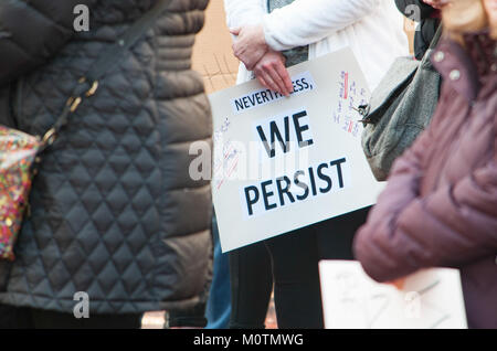 protesters in all forms rally at the Women's March in Dayton, Ohio on January 20th 2018.  Homemade signs were scattered through out the large crowd. Stock Photo