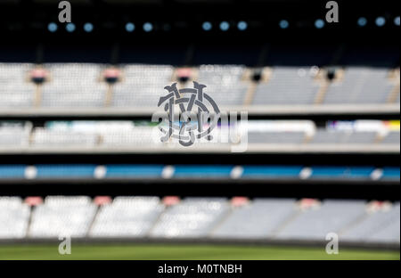 MCG logo on window at Melbourne Cricket Ground. Stock Photo