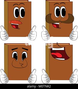 Books making thumbs up sign with two hands. Cartoon book collection with happy faces. Expressions vector set. Stock Vector