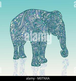 Elephant in asian style. Mandala style blue pattern. Vector illustration. Stock Vector