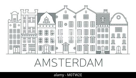 Banner of Amsterdam city in flat line style. Amsterdam line art. European old town. Dutch city landscape. Flat design style. Stock Vector