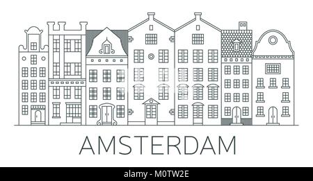 Banner of Amsterdam city in flat line style. Amsterdam line art. European old town. Dutch city landscape. Flat design style. Stock Vector