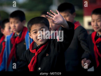 North Korean pioneer boy waving hand, Pyongan Province, Pyongyang, North Korea Stock Photo