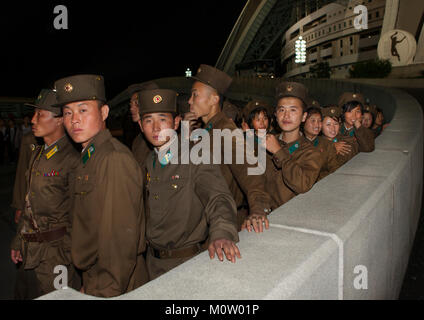 North Korean soldiers going to the Arirang mass games in may day stadium, Pyongan Province, Pyongyang, North Korea Stock Photo