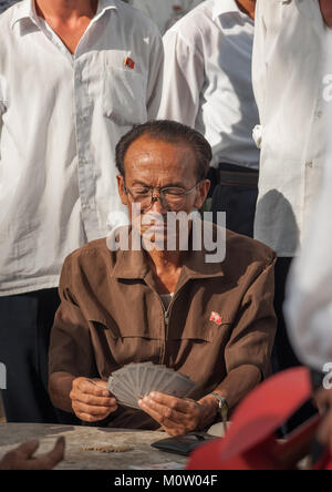 Portrait of a North Korean man playing cards, Pyongan Province, Pyongyang, North Korea Stock Photo