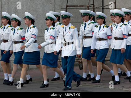 Group of North Korean traffic security officers in white uniforms in the street, Pyongan Province, Pyongyang, North Korea Stock Photo