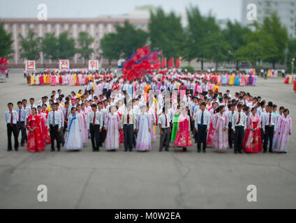 North Korean students before a mass dance performance on september 9 day of the foundation of the republic, Pyongan Province, Pyongyang, North Korea Stock Photo