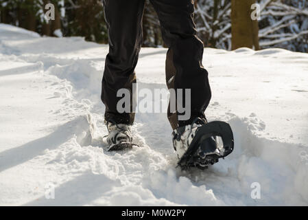 Young adult active man walk with snowshoes on snowy path in sunny winter day at sunrise outdoor. Stock Photo