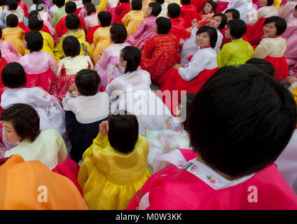 North Korean students before a mass dance performance on september 9 day of the foundation of the republic, Pyongan Province, Pyongyang, North Korea Stock Photo