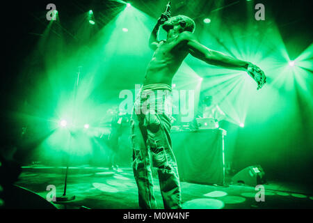 The American queer rapper and performance artist Psycho Egyptian (pictured) performs a live concert at the Danish music festival Roskilde Festival 2013 with fellow rapper Mykki Blanco. Denmark, 05/07 2013. Stock Photo