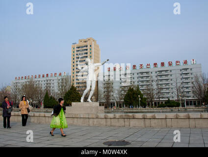 Fountains in front of the Pyongyang indoor sports stadium, Pyongan Province, Pyongyang, North Korea Stock Photo