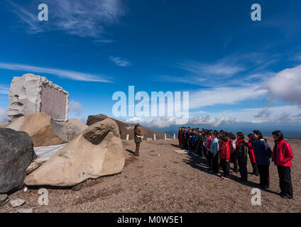 North Korean students at the top of mount Paektu, Ryanggang Province, Mount Paektu, North Korea Stock Photo