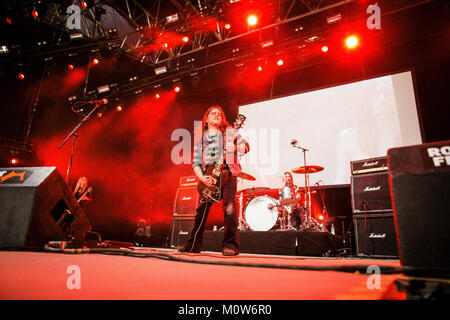 The English doom metal band Electric Wizard performs a live concert at the Arena Stage at Roskilde Festival 2014. Here lead vocalist and guitarist Jus Oborn is pictured live on stage. Denmark 03.07.2014. Stock Photo