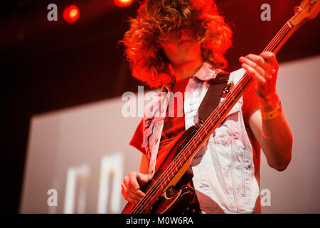 The English doom metal band Electric Wizard performs a live concert at the Arena Stage at Roskilde Festival 2014. Here lead bassist Clayton Burgess is pictured live on stage. Denmark 03.07.2014. Stock Photo