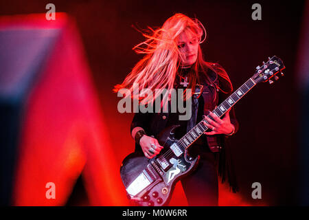 The English doom metal band Electric Wizard performs a live concert at the Arena Stage at Roskilde Festival 2014. Here lead guitarist Liz Buckinhham is pictured live on stage. Denmark 03.07.2014. Stock Photo