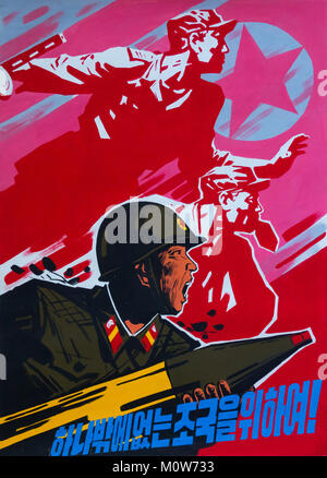 North Korean propaganda poster depicting a soldier, Pyongan Province, Pyongyang, North Korea Stock Photo