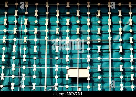 Close up of decorative blue metal grill with string geometric pattern Stock Photo