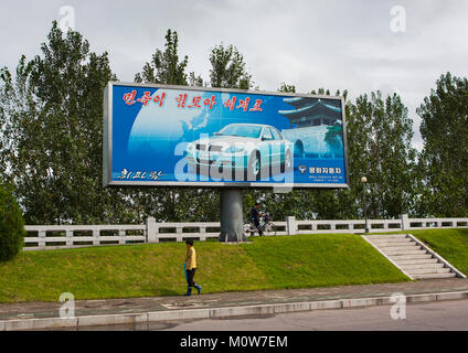 Pyeonghwa motors car adversting billboard, Pyongan Province, Pyongyang, North Korea Stock Photo