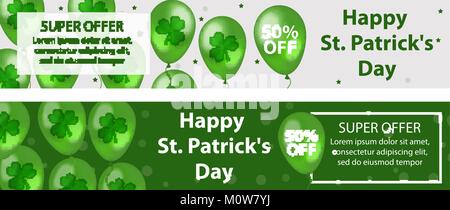 Happy St. Patrick's Day set of horizontal banners with balloons, clover, shamrock. Template for your design, flyer special offer, discounts, sale. Vector illustration. Stock Vector