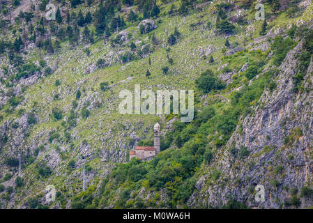 Church of Our Lady of Remedy on the slope of Saint John mountain above Old Town of Kotor town in Bay of Kotor, Montenegro Stock Photo